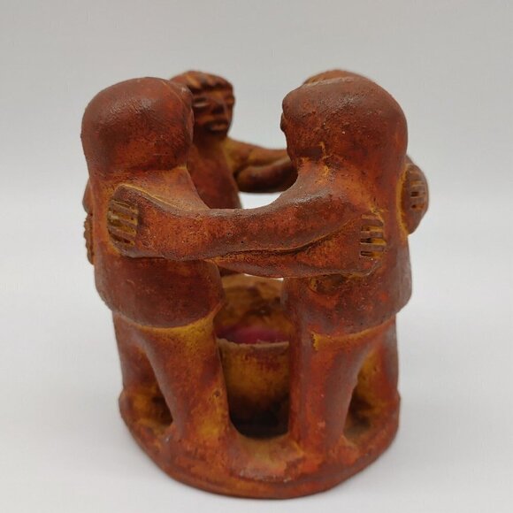 Aztec Mayan Pre Columbian Circle Of 4 Friends Dancing Art Candle Holder Vintage - Picture 3 of 10
